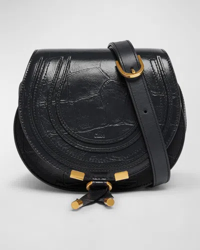 Chloé Marcie Small Crossbody Bag In Croc-embossed Calfskin In Black