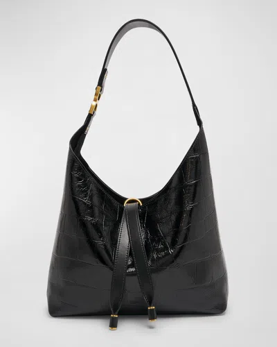 Chloé Marcie Small Hobo Bag In Croc-embossed Leather In Black