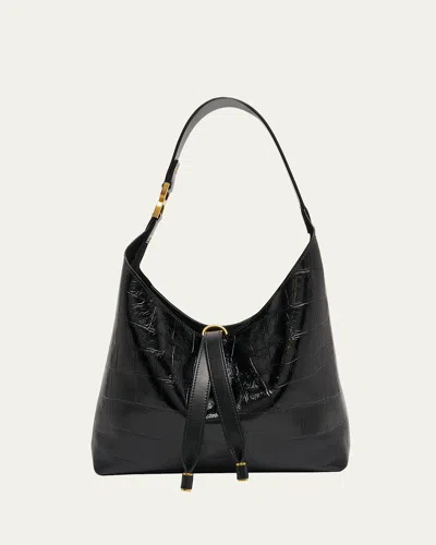 Chloé Marcie Small Hobo Bag In Croc-embossed Leather In Black