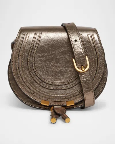 Chloé Marcie Small Saddle Crossbody Bag In Metallic Leather In Neutral