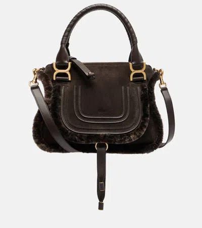 Chloé Marcie Small Shearling-trimmed Suede Tote Bag In Brown