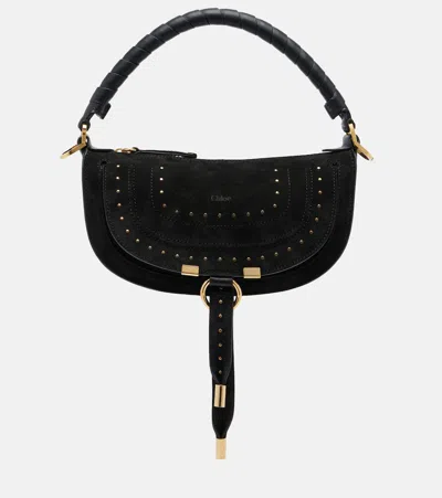 Chloé Marcie Small Studded Suede Shoulder Bag In Black