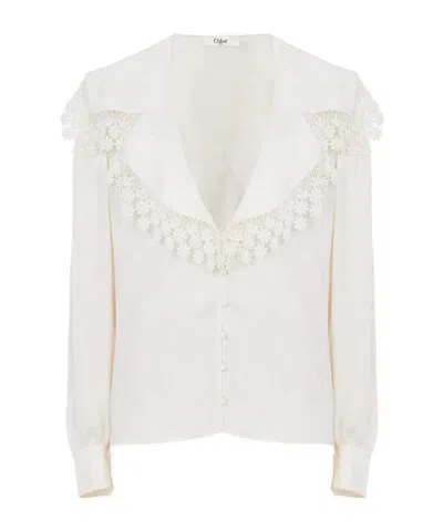 Chloé Maxi-collar Blouse In Silk Jacquard  Lace In White