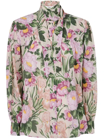 Chloé Maxi Gathered Lavallière Blouse In Crêpe De Chine In Multi
