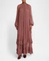 CHLOÉ MAXI RUFFLED MOCK NECK SILK MOUSSELINE DRESS