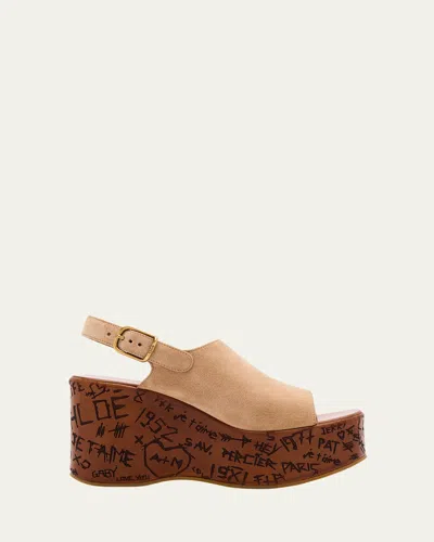 Chloé Maxime Platform Wedge Suede Sandals In Brown
