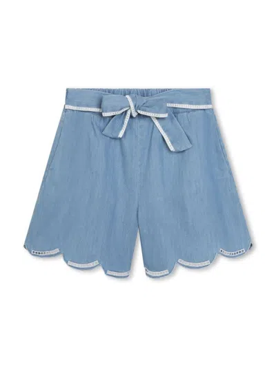 Chloé Kids' Medium Blue Shorts With Belt And Scalloped Hem