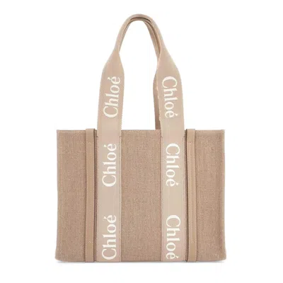 Chloé Medium Linen Tote Bag With Logo Print Straps In Neutrals