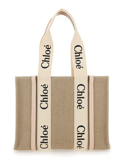 Chloé Medium Woody Beige Handbag With Logo In Canvas Woman In Brown