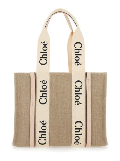 Chloé 'medium Woody' Beige Handbag With Logo In Canvas Woman In Cream