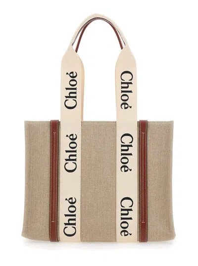 Chloé Medium Woody Beige Handbag With Logo Lettering On The Front In Linen Woman In Neutral