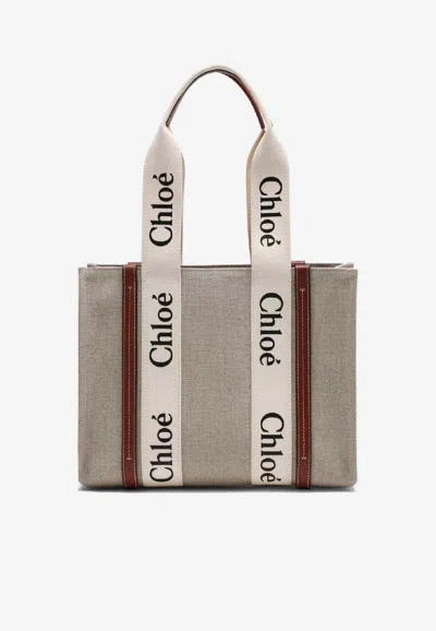 Chloé Medium Woody Canvas Tote Bag In Sand