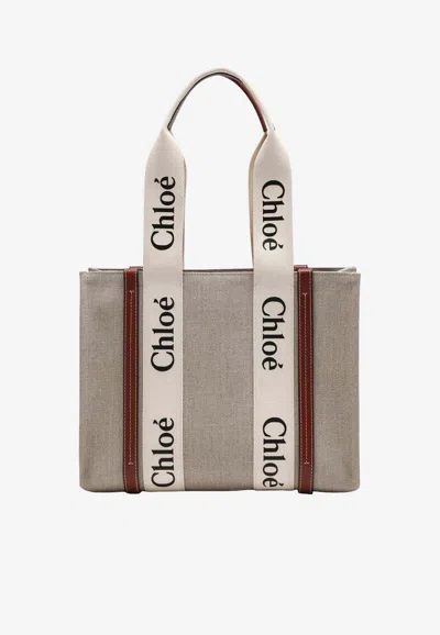 Chloé Medium Woody Canvas Tote Bag In Sand