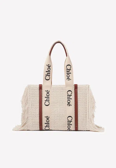 Chloé Medium Woody Fringed Tote Bag In Brown