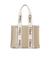 Chloé Woody Medium Whipstitched Leather-trimmed Linen-canvas Tote In Nude