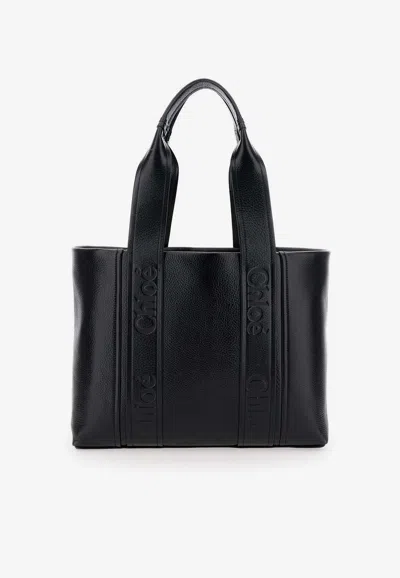 Chloé Medium Woody Leather Tote Bag In Black