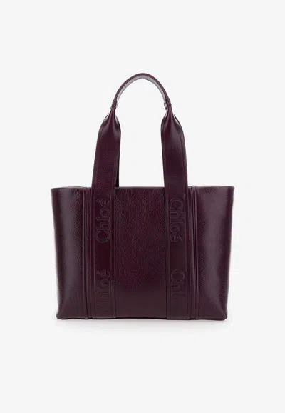 Chloé Medium Woody Leather Tote Bag In Purple