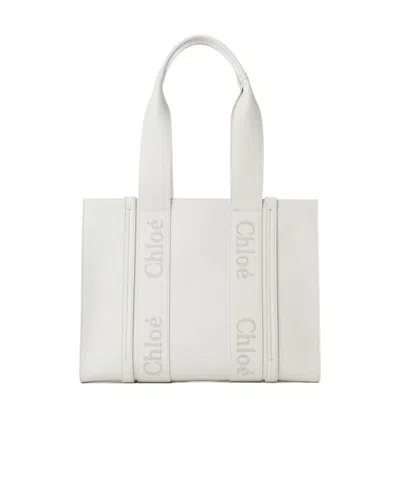 Chloé Medium Woody Leather Tote Bag In White
