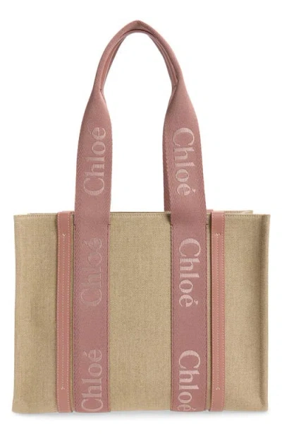 Chloé Medium Woody Linen Canvas Tote In Brown