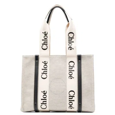 Chloé Chloe Medium Woody Linen Logo Tote Bag In Blue/white