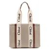 Chloé Chloe Medium Woody Linen Logo Tote Bag In Brown/white