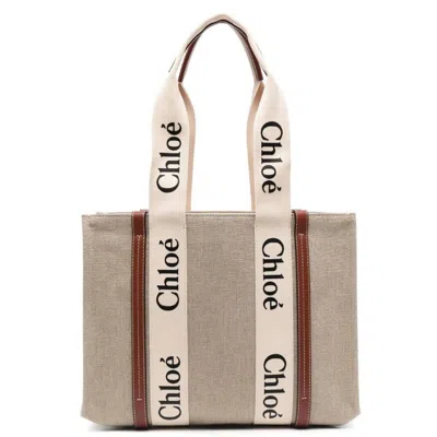 Chloé Chloe Medium Woody Linen Logo Tote Bag In Brown/white
