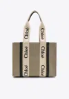Shop Chloé Medium Woody Linen Tote Bag In Beige