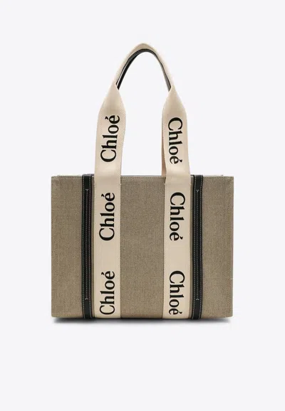 Chloé Medium Woody Linen Tote Bag In Beige