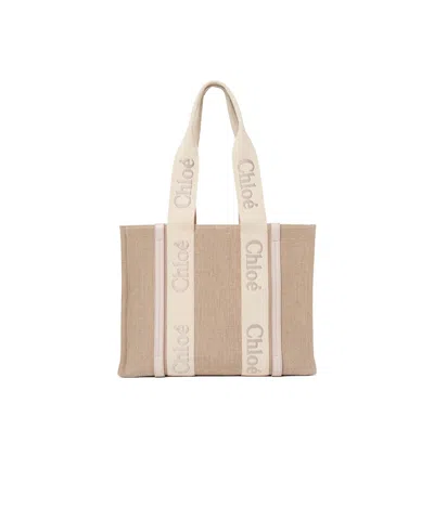 Chloé Medium Woody Logo-strap Linen Tote Bag In Nude