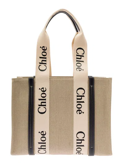 CHLOÉ CHLOÉ MEDIUM 'WOODY' MULTICOLOR TOTE BAG WITH  RIBBON IN LEATHER AND LINEN CANVAS WOMAN CHLOÉ