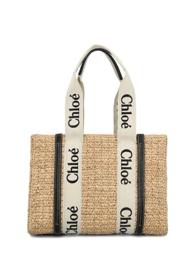 Chloé Medium Woody Raffia Beach Bag In Nude