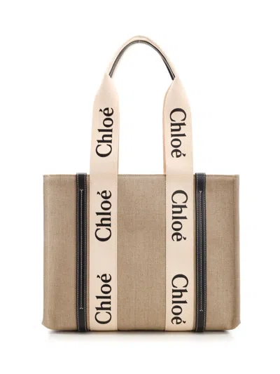 Chloé Medium Woody Tote Bag In Bianco