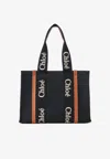 Chloé Woody Medium Tote Bag With Logo Webbing In Canvas In Black