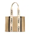 Chloé Woody Medium Whipstitched Leather-trimmed Linen-canvas Tote In Blue