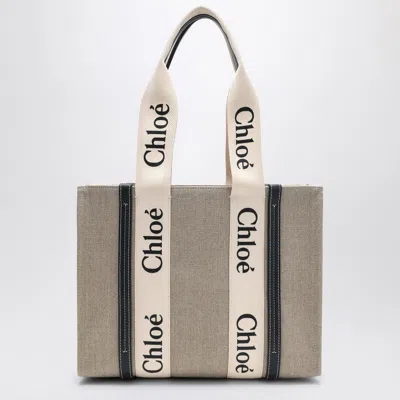 Chloé Medium Woody Tote Bag In Beige Canvas In Gray