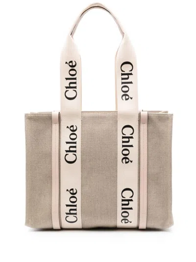 Chloé Medium Woody Tote Bag In Beige Canvas In Neutral