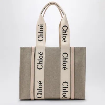 Chloé Medium Woody Tote Bag In Beige Canvas In Pink
