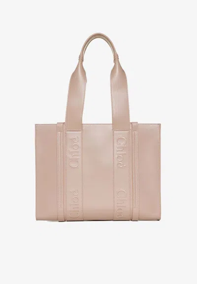 Chloé Medium Woody Tote Bag In Calf Leather In Beige