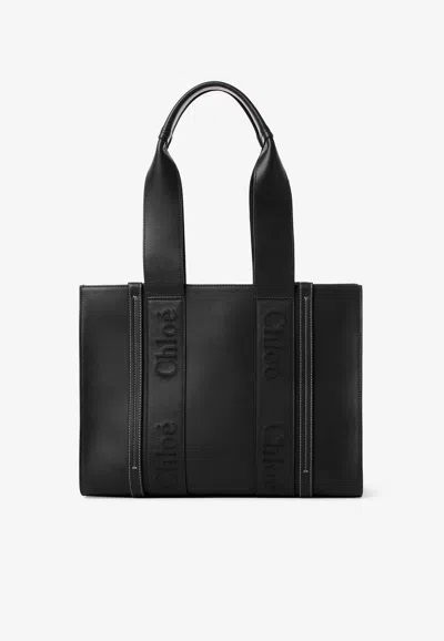 Chloé Medium Woody Tote Bag In Calf Leather In Black