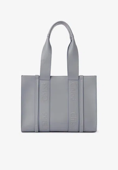 Chloé Medium Woody Tote Bag In Calf Leather In Blue