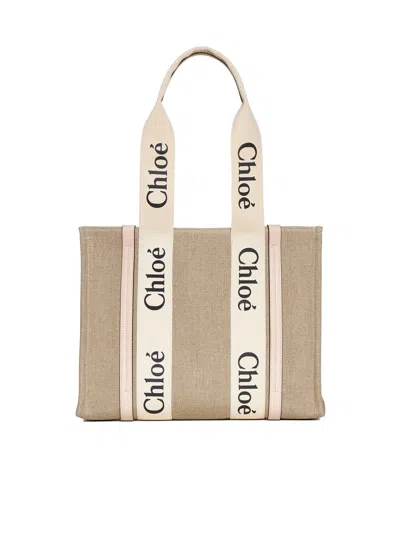 Chloé Medium Woody Tote Bag In Linen
