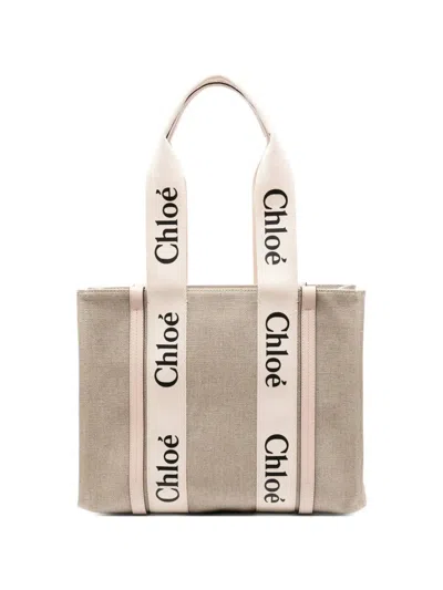 Chloé Medium Woody Tote Bag In Beige Canvas In Neutral