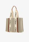 Chloé Woody Medium Whipstitched Leather-trimmed Linen-canvas Tote In White