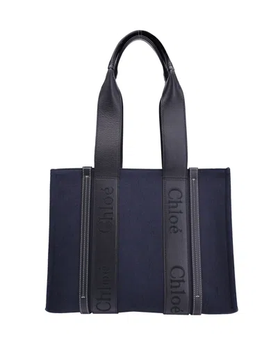 Chloé Chloe Medium Woody Tote In Blue Canvas And Black Calfskin Leather