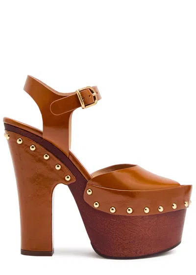 Chloé Chloe Meret 115 Wood And Glossed Leather Platform Clogs In Brown