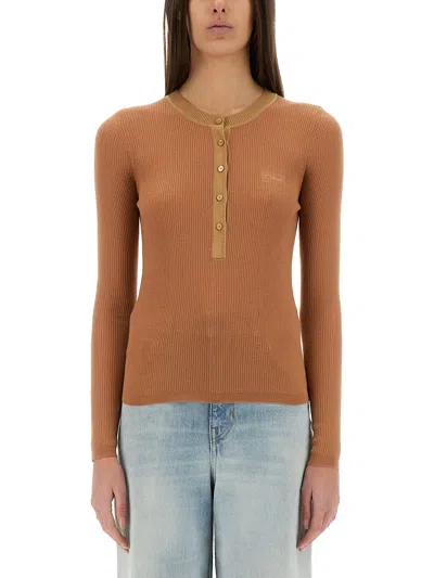 Chloé Merino Wool Fine Knit "henley" Shirt In Nude
