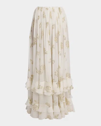 CHLOÉ METALLIC FLORAL SILK TIERED-RUFFLE MAXI SKIRT