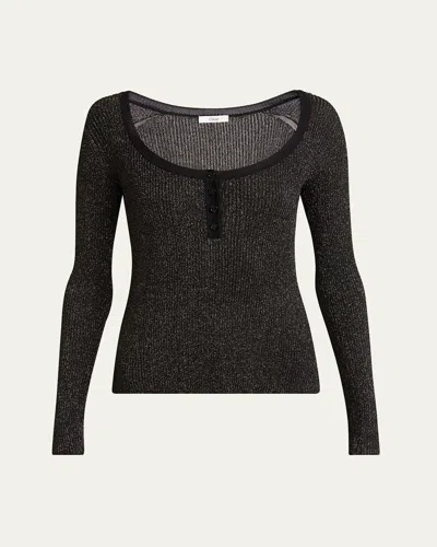 Chloé Metallic Knit Henley Top In Black Gold