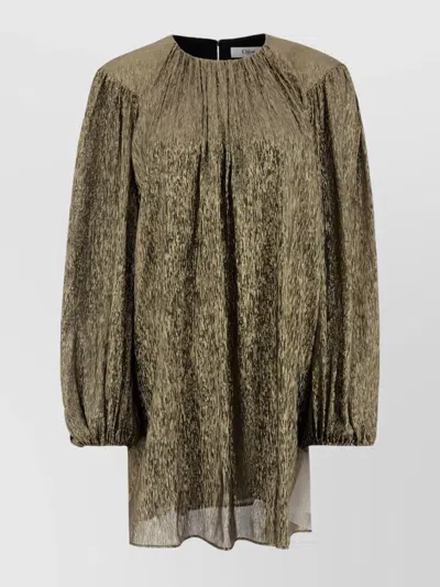 Chloé Voluminous Puff Sleeve Dress In Gold Silk Blend In Green