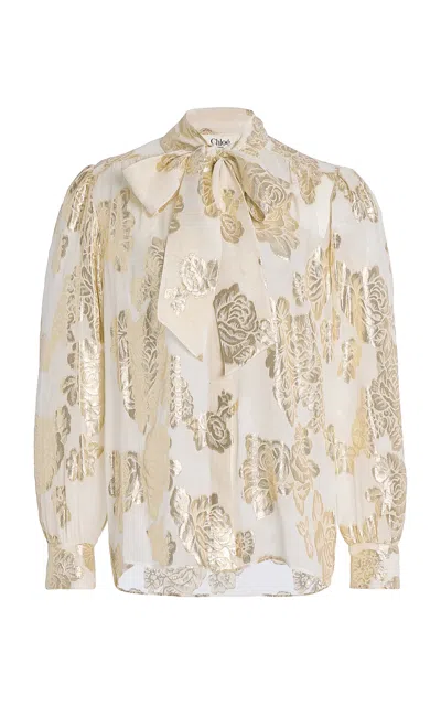 Chloé Metallic Floral Silk Scarf-neck Top In Coconutmilk